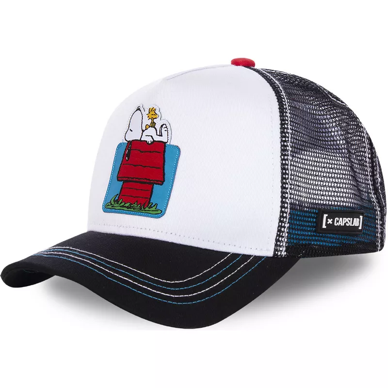 capslab-doghouse-snoopy-and-snoopy-and-woodstock-hou-peanuts-white-and-black-trucker-hat
