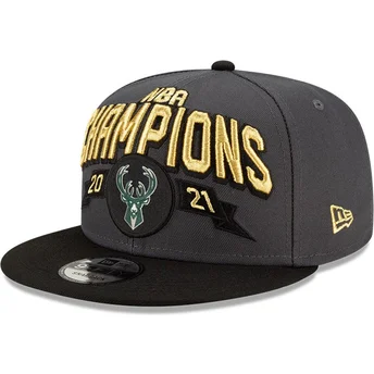 Casquette plate grise et noire snapback 9FIFTY Champions Milwaukee Bucks NBA New Era