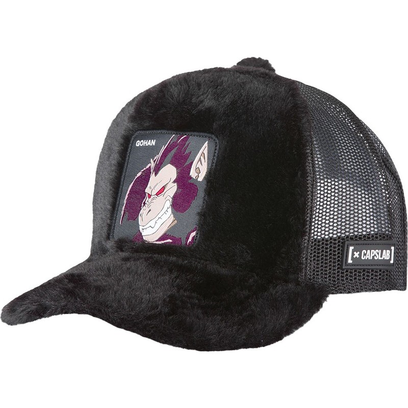 capslab-son-gohan-great-ape-fur1-ooz1-dragon-ball-black-shearling-trucker-hat