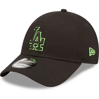 Gorra curva negra ajustable con logo verde 9FORTY Neon Outline de Los Angeles Dodgers MLB de New Era