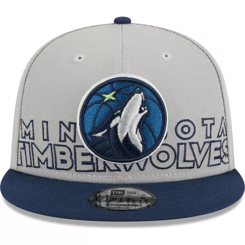 New Era Flat Brim 9FIFTY Draft Edition 2023 Minnesota Timberwolves Grey and Navy Blue Snapback Cap