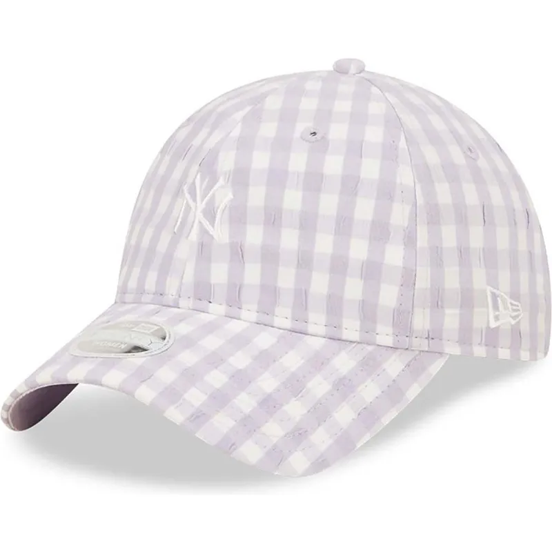 lyslilla-buet-kasket-justerbar-til-kvinder-9twenty-gingham-fra-new-york-yankees-mlb-fra-new-era