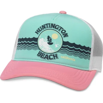 Czapka trucker zielona, biała i różowa snapback Huntington Beach California Riptide Valin American Needle