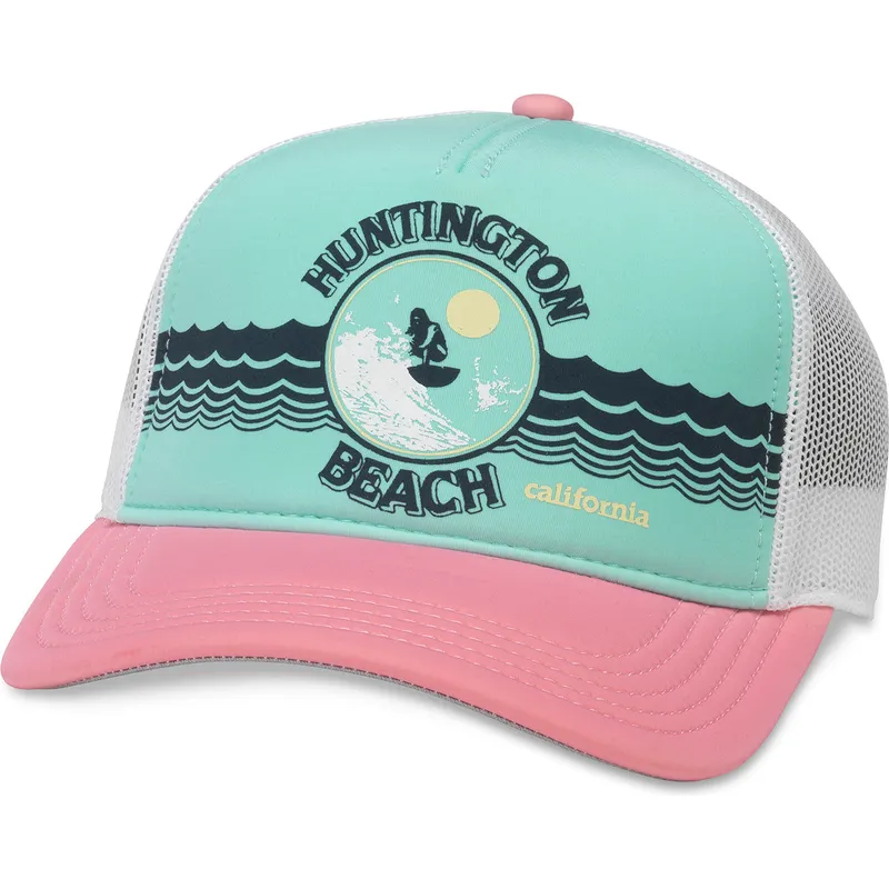 casquette-trucker-verte-blanche-et-rose-snapback-huntington-beach-california-riptide-valin-american-needle