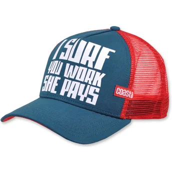 Casquette trucker bleue et rouge I Surf You Work She Pays HFT Coastal