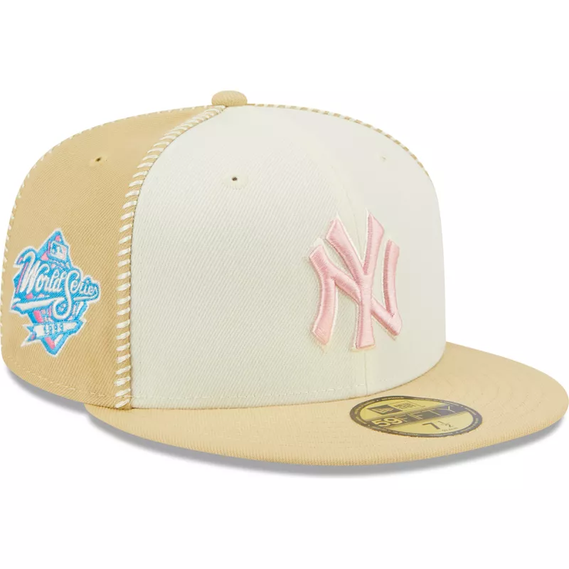 New Era Flat Brim Pink Logo 59FIFTY Seam Stitch New York Yankees MLB Beige Fitted  Cap