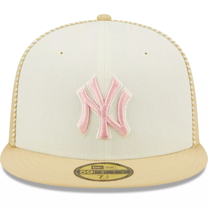 New Seam Era New 59FIFTY MLB Cap Flat Pink Logo York Fitted Stitch Yankees Beige Brim