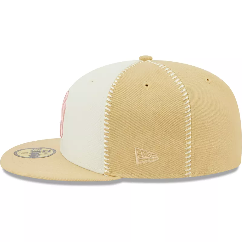 New Era Flat Brim Pink Logo 59FIFTY Seam Stitch New York Yankees MLB Beige  Fitted Cap