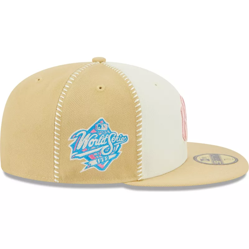New Era Flat Brim Pink Logo 59FIFTY Seam Stitch New York Yankees MLB Beige  Fitted Cap