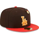 casquette-plate-marron-et-rouge-ajustee-59fifty-the-elements-fire-pin-los-angeles-dodgers-mlb-new-era