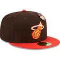 casquette-plate-marron-et-rouge-ajustee-59fifty-the-elements-fire-pin-miami-heat-nba-new-era