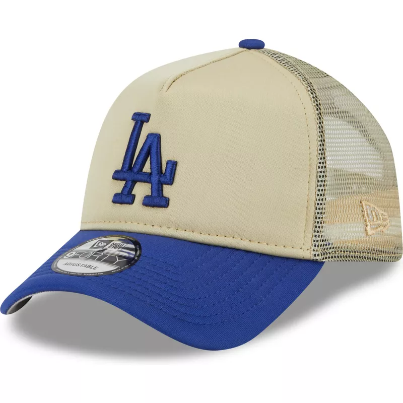 New Era 9FORTY A Frame All Day Trucker Los Angeles Dodgers Beige and Blue Trucker Hat