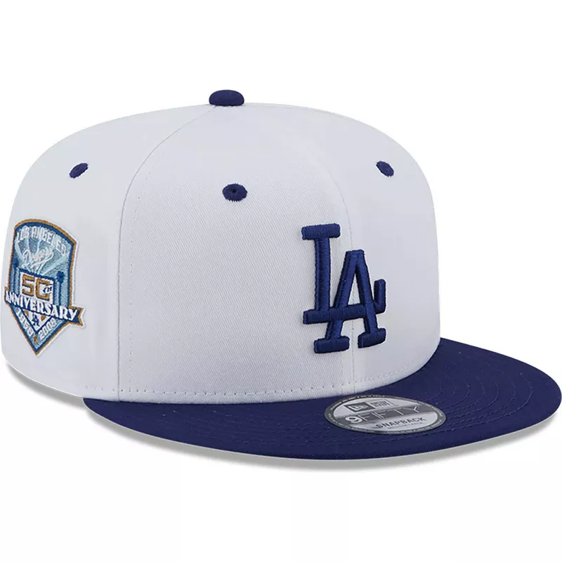 Gorra plana blanca y azul snapback con logo azul 9FIFTY White Crown Patch  de Los Angeles Dodgers MLB de New Era