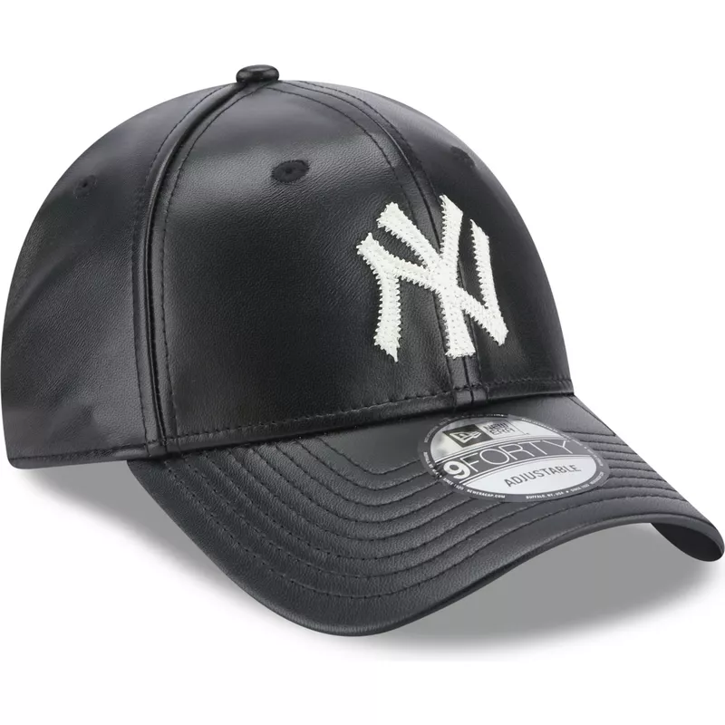 kaart was Recyclen New Era Curved Brim 9FORTY Leather New York Yankees MLB Black Adjustable Cap:  Caphunters.com