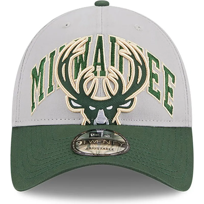 szara-i-zielona-regulowana-czapka-z-daszkiem-9twenty-tip-off-2023-milwaukee-bucks-nba-new-era