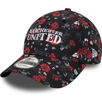 Casquette courbée noire et rouge ajustable 9FORTY Floral All Over Print Manchester United Football Club Premier League New Era