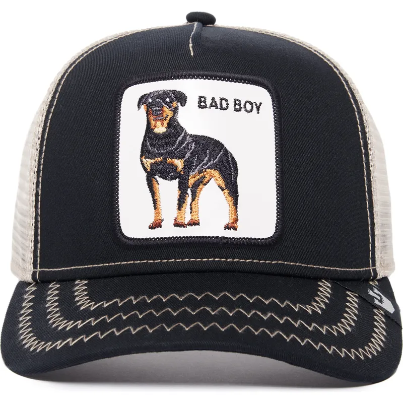 casquette-trucker-noire-et-blanche-chien-rottweiler-bad-boy-the-baddest-boy-the-farm-goorin-bros