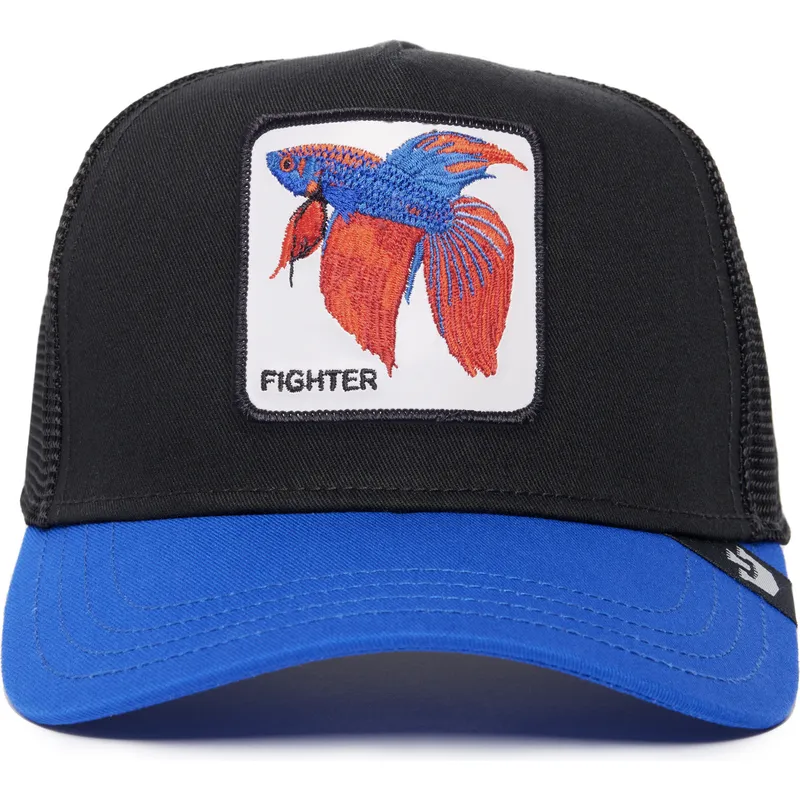 trucker-kasket-sort-og-bla-siamesisk-kampfisk-siam-fighter-the-farm-premium-fra-goorin-bros