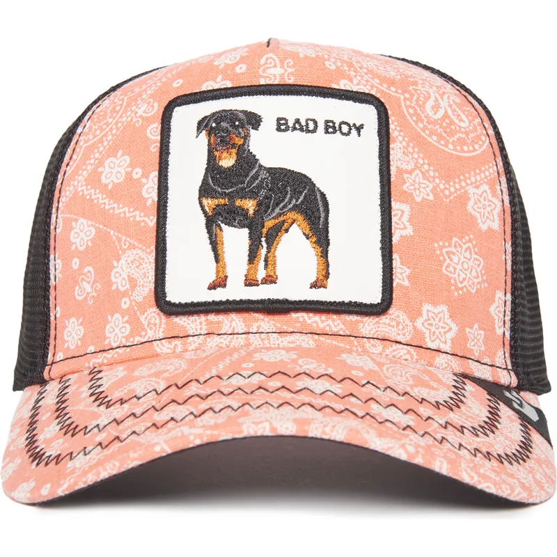 trucker-kasket-pink-og-sort-hund-rottweiler-bad-boy-lovesexy-the-farm-paisley-fra-goorin-bros