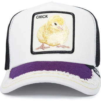 Goorin Bros. Silky Chick The Farm Silky Roots sort og hvid trucker kasket med kyllingemotiv.