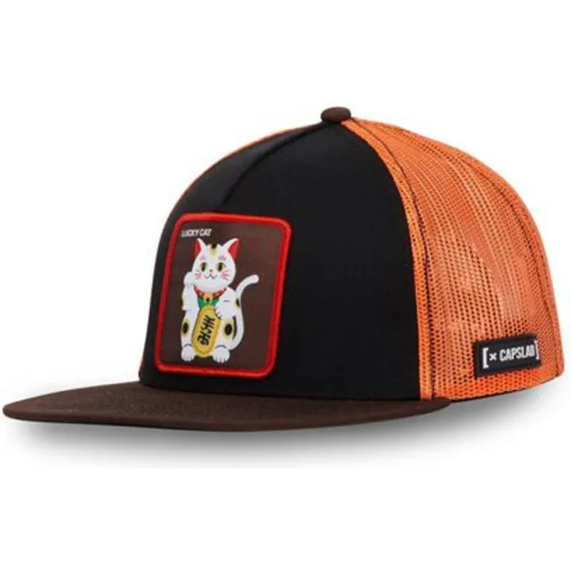 schwarze-und-orangefarbene-trucker-flatcap-maneki-neko-lucky-cat-luc-von-capslab