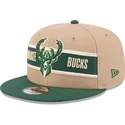 casquette-plate-marron-et-verte-snapback-9fifty-draft-2024-milwaukee-bucks-nba-new-era