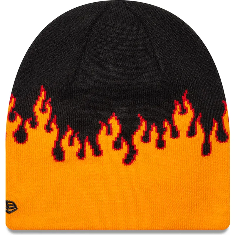 Berretto Invernale Da Uomo Decky Fire - Modello Corto In Acrilico, Nero/rosso/giallo, Stampa Fiamma