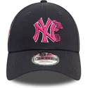 new-era-curved-brim-pink-logo-9forty-flower-icon-new-york-yankees-mlb-navy-blue-adjustable-cap