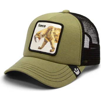 Gorra trucker verde y negra para niño dientes de sable Fierce Cat Teefs Extinct The Farm de Goorin Bros.