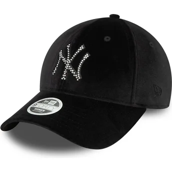 Gorra curva negra ajustable para mujer 9FORTY Velour Diamante de New York Yankees MLB de New Era