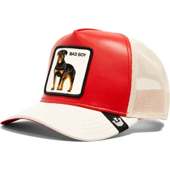 Trucker kasket rød og hvid hund rottweiler Bad Shleather Boy The Farm fra Goorin Bros.