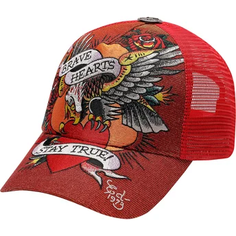 Petten gebogen rood snapback Brave Hearts van Ed Hardy