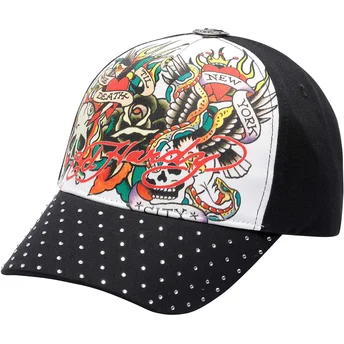 Gorra curva blanca y negra ajustable True Til Death de Ed Hardy