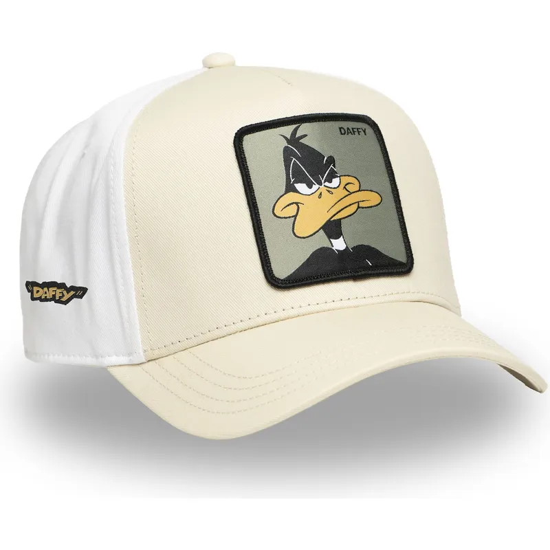 beige-und-weisse-gebogene-snapback-kappe-daffy-duck-loo11-daf2-looney-tunes-von-capslab
