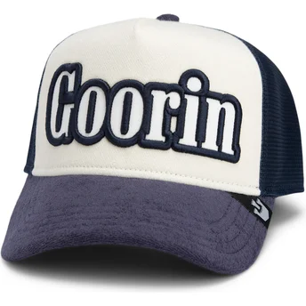 Goorin Bros. Full Flavor Wordmark French Terry beige og marineblå trucker kasket.