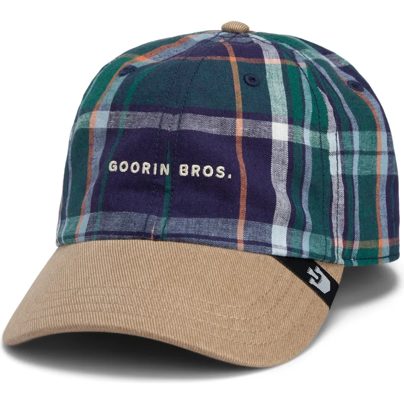 goorin-bros-curved-brim-hardly-working-papa-cap-madras-the-farm-marinebla-og-brun-snapback-kasket