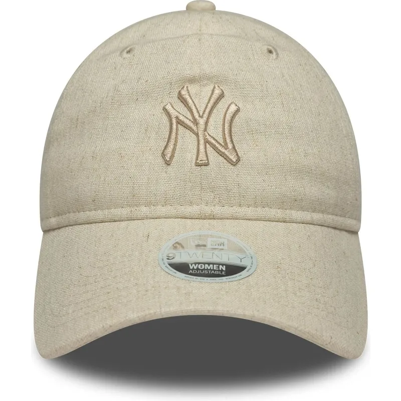 buet-beige-justerbar-kasket-til-kvinder-med-beige-logo-9twenty-linen-fra-new-york-yankees-mlb-fra-new-era
