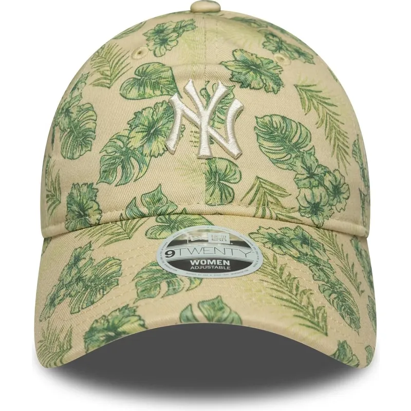 beige-verstellbare-curved-cap-fur-damen-9twenty-all-over-print-tropical-der-new-york-yankees-mlb-von-new-era