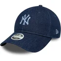 marineblaue-gebogene-verstellbare-damen-kappe-9twenty-denim-der-new-york-yankees-mlb-von-new-era
