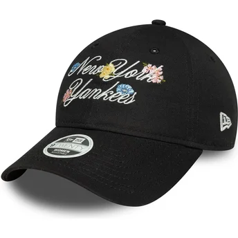Sort justerbar curved kasket til kvinder 9FORTY Floral Script fra New York Yankees MLB fra New Era