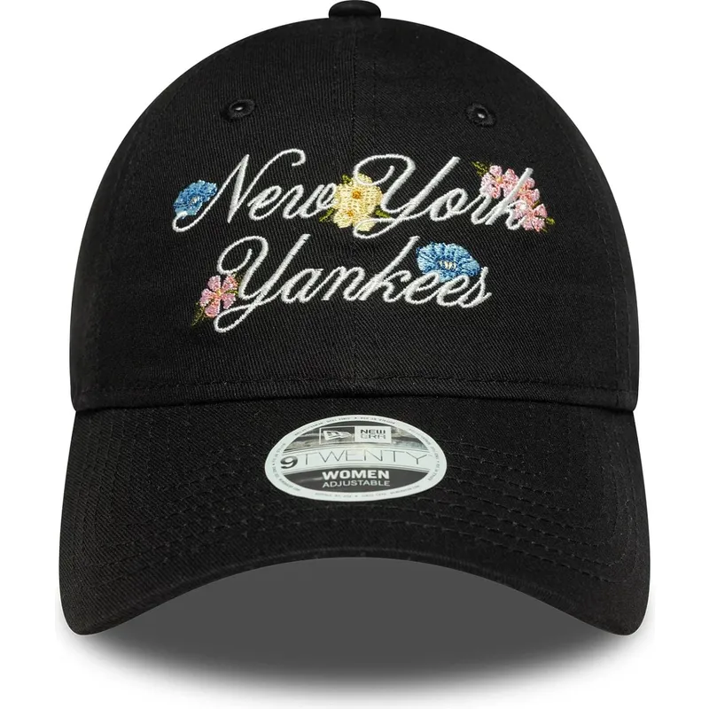 sort-justerbar-curved-kasket-til-kvinder-9forty-floral-script-fra-new-york-yankees-mlb-fra-new-era