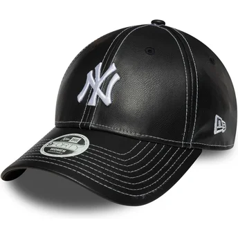 Gorra curva negra ajustable para mujer 9FORTY Topstitch PU de New York Yankees MLB de New Era