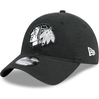 Schwarze verstellbare 9TWENTY Kappe mit gebogenem Schirm, Stamp von Chicago Blackhawks NHL von New Era