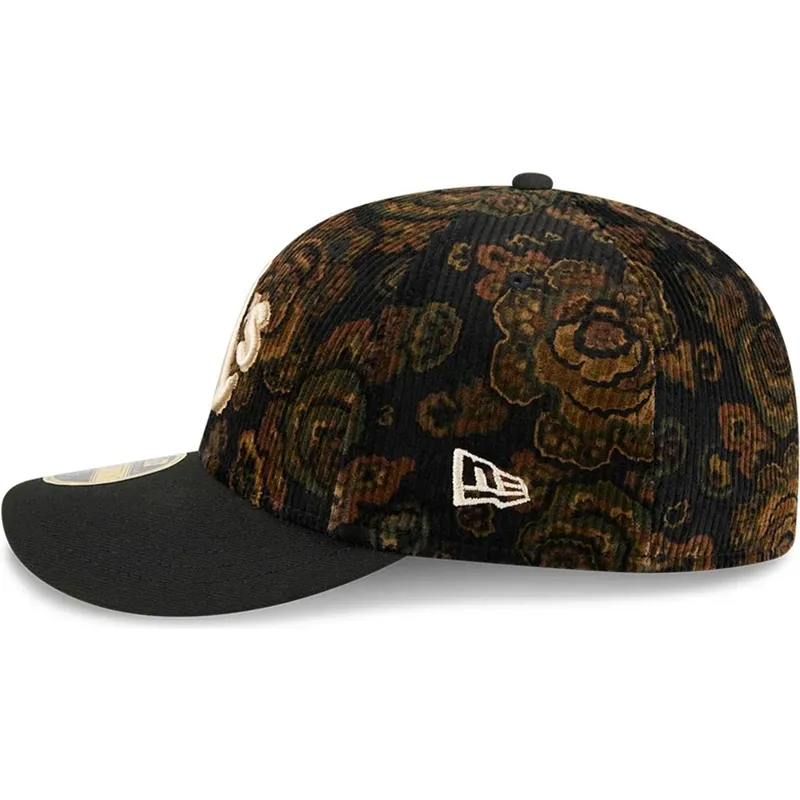 cappellino-curvo-nero-regolabile-59fifty-low-profile-floral-cord-three-looms-printed-corduroy-di-oakland-athletics-mlb-di-new-er