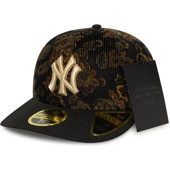 Schwarze gebogene angepasste Kappe 59FIFTY Low Profile Floral Cord Three Looms Printed Corduroy der New York Yankees MLB von New Era