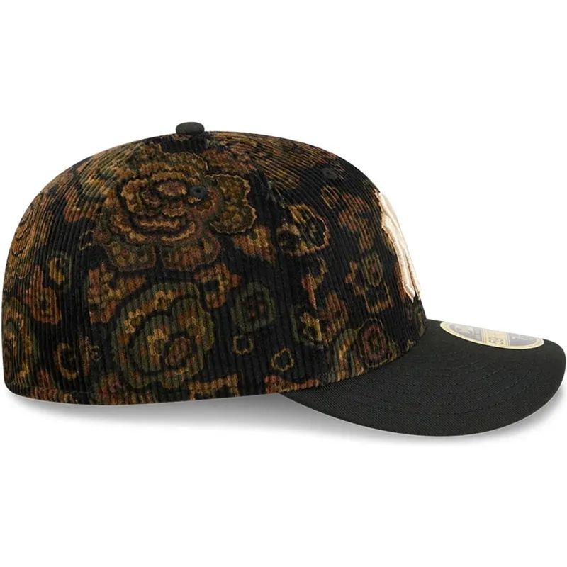 schwarze-gebogene-angepasste-kappe-59fifty-low-profile-floral-cord-three-looms-printed-corduroy-der-new-york-yankees-mlb-von-new