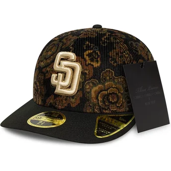 Schwarze gebogene angepasste 59FIFTY Low Profile Floral Cord Three Looms Printed Corduroy Kappe der San Diego Padres MLB von New Era