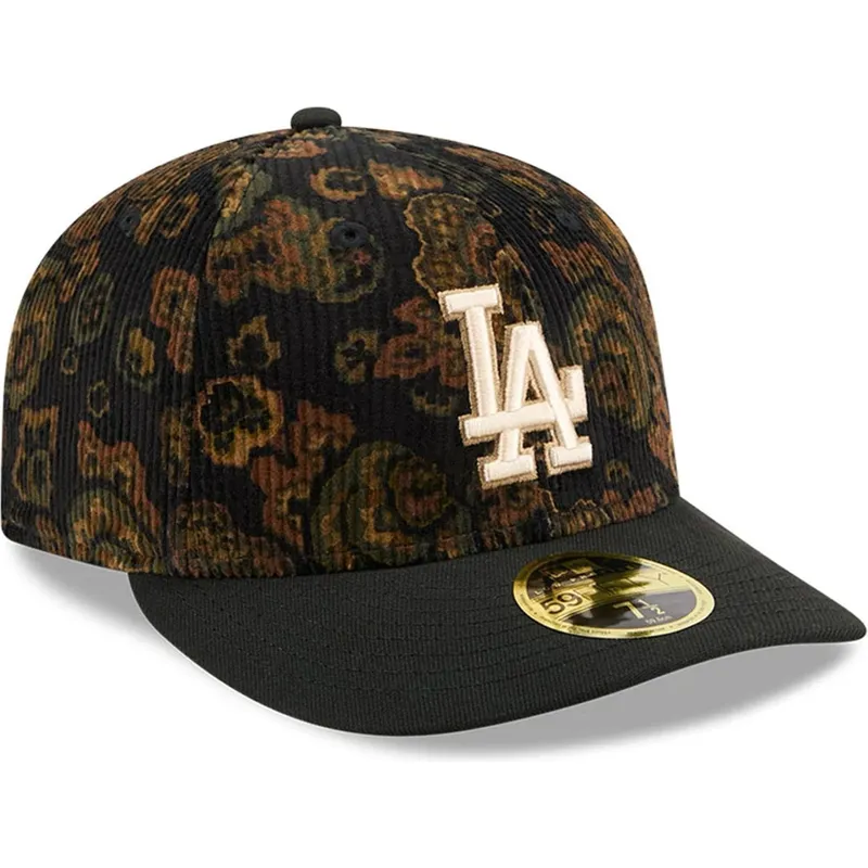 czarna-dopasowana-czapka-z-zakrzywionym-daszkiem-59fifty-low-profile-floral-cord-three-looms-printed-corduroy-los-angeles-dodger