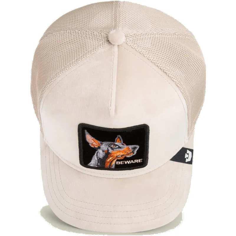 gorra-trucker-beige-hund-dobermann-beware-doberman-velour-the-farm-fra-goorin-bros