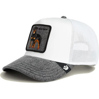 Gorra trucker blanca y gris perro rottweiler Bad Boy Denim The Farm de Goorin Bros.
